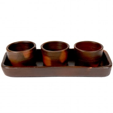 Pomaireware Rectangular Clay Tray with Conical Condiment Bowls
